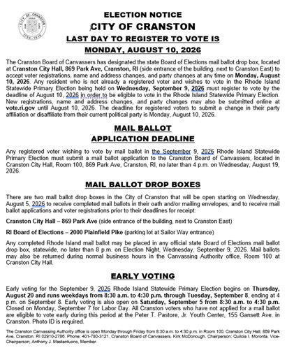 City of Cranston - 2026 Election Notice